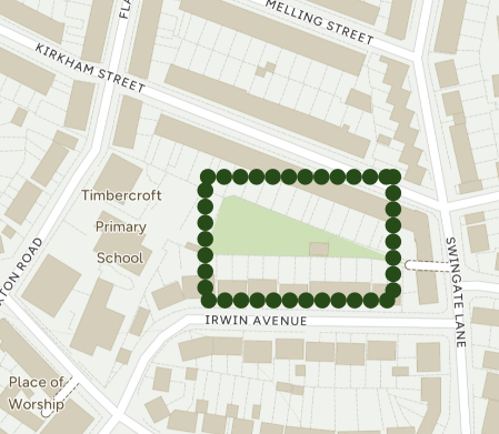 screenshot of map of allotment area, shows the area is behind Irwin Avenue and Kirkham Street